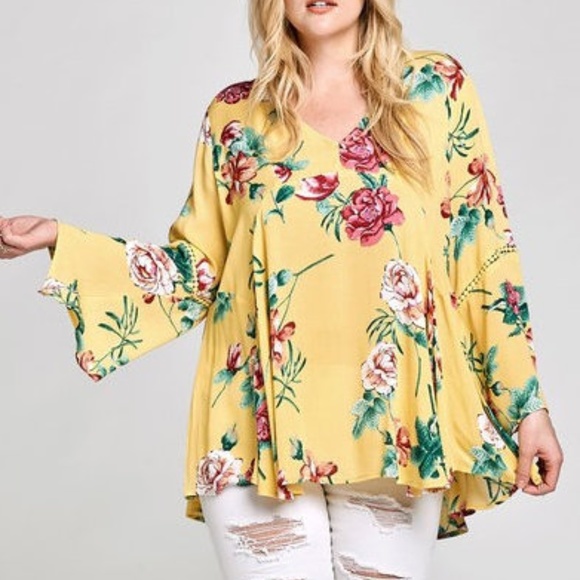 Plus Black Floral Bell Sleeve Babydoll Tunic Top - Picture 6 of 6